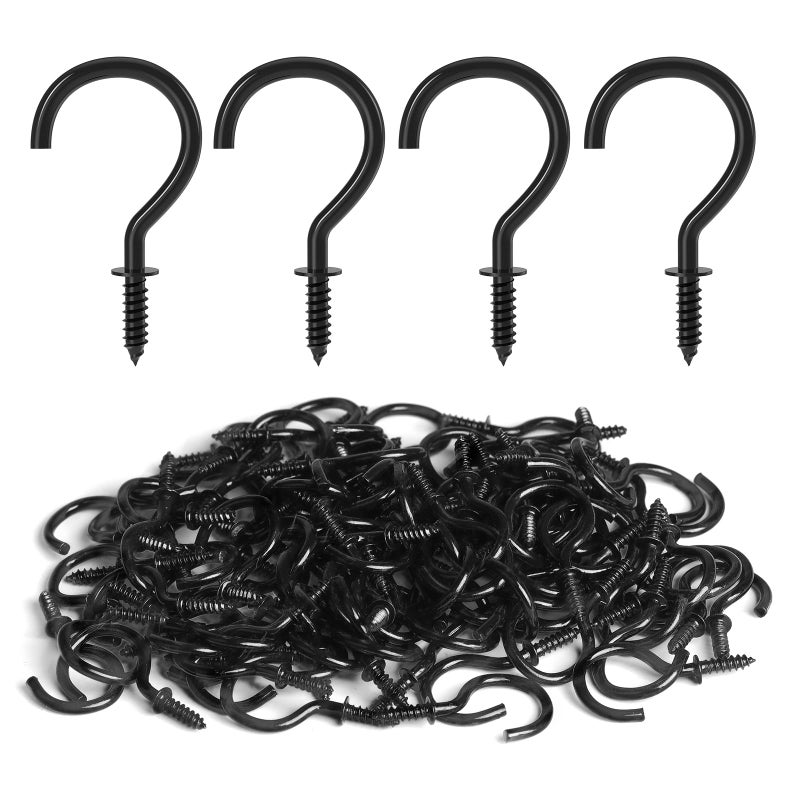 RELBRO 100 Pcs Screw Hooks  1 Inch Cup Hooks Screw in Mug Hooks Metal Heavy Duty Screw in Wall Hooks Ceiling Hooks Indoor Outdoor for Utensils Plants Lights Decors Black - Image 1